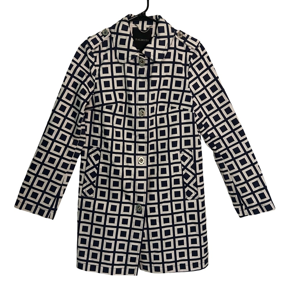 Talbots Navy and White Geometric Pattern Trench Coat